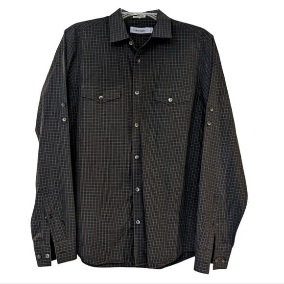 Calvin Klein men's 100 % cotton button down shirt size medium black grey plaid - Picture 1 of 8